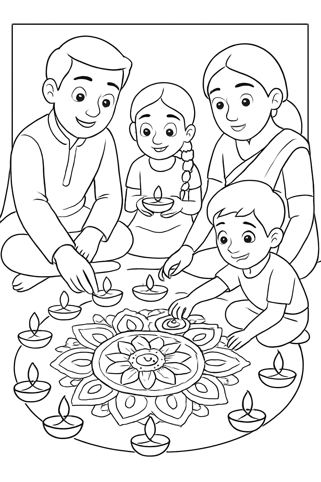 Free printable family arranging diyas around a detailed rangoli for Diwali coloring page for kids