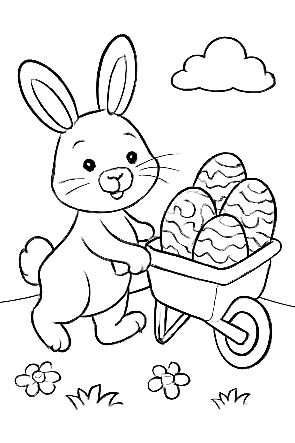 Free printable bunny pushing a wheelbarrow of Easter eggs coloring page for kids