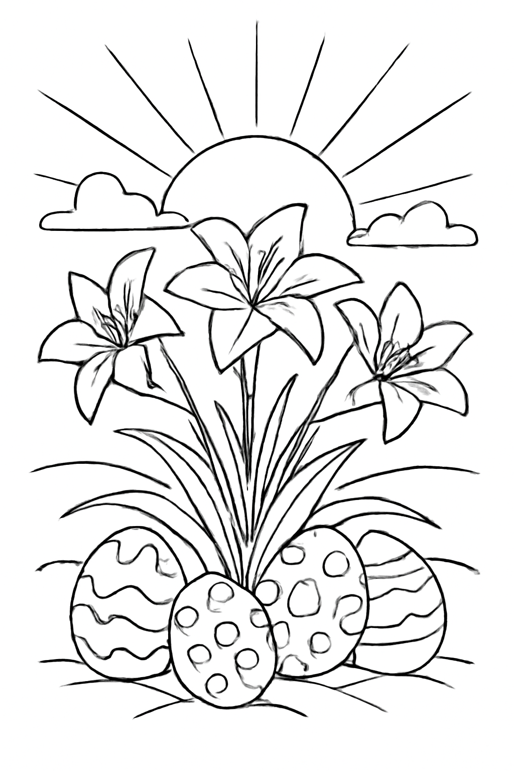 Free printable Easter lilies and decorated eggs beside a sunrise coloring page