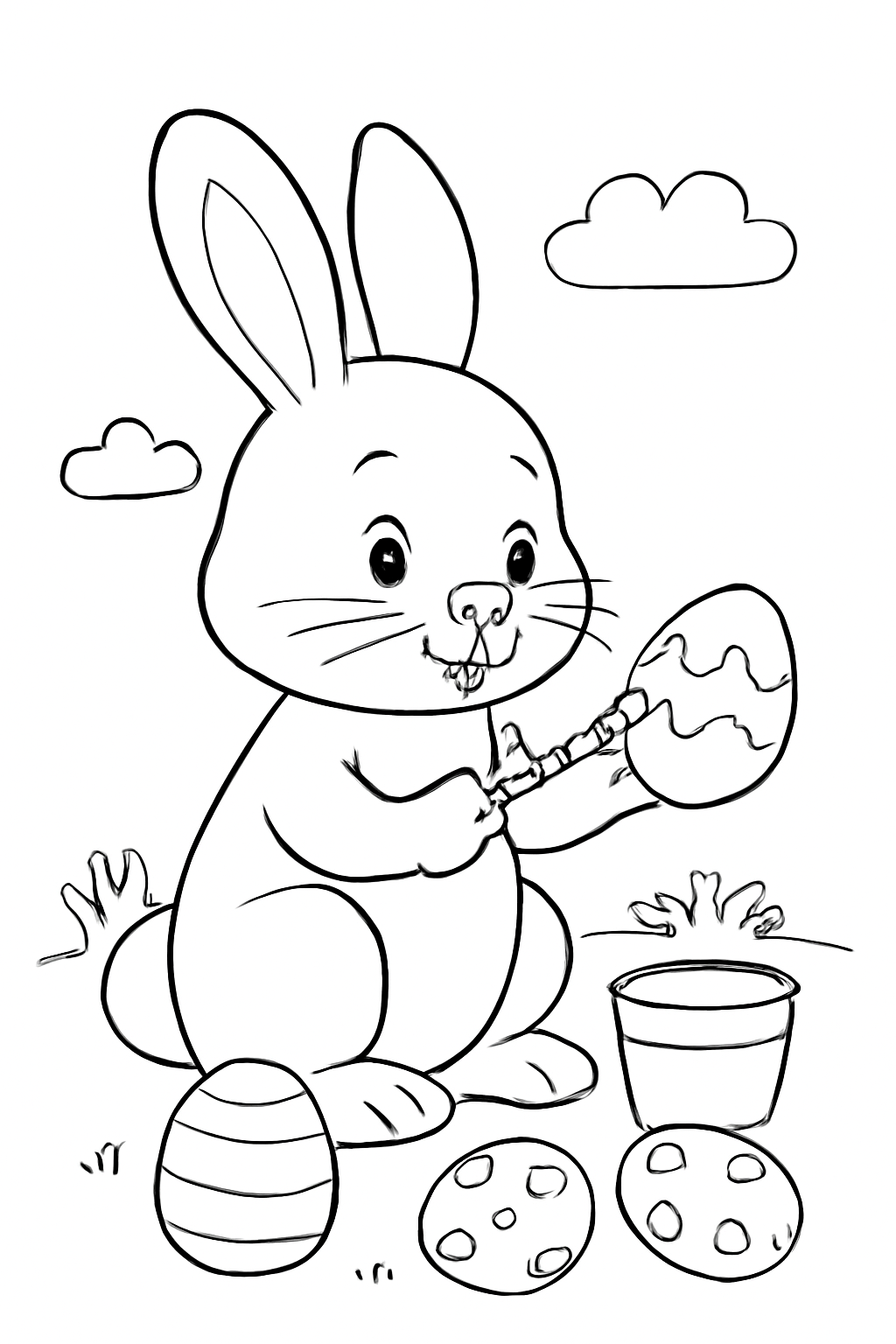 Free printable Easter bunny painting eggs with a tiny brush coloring page for kids