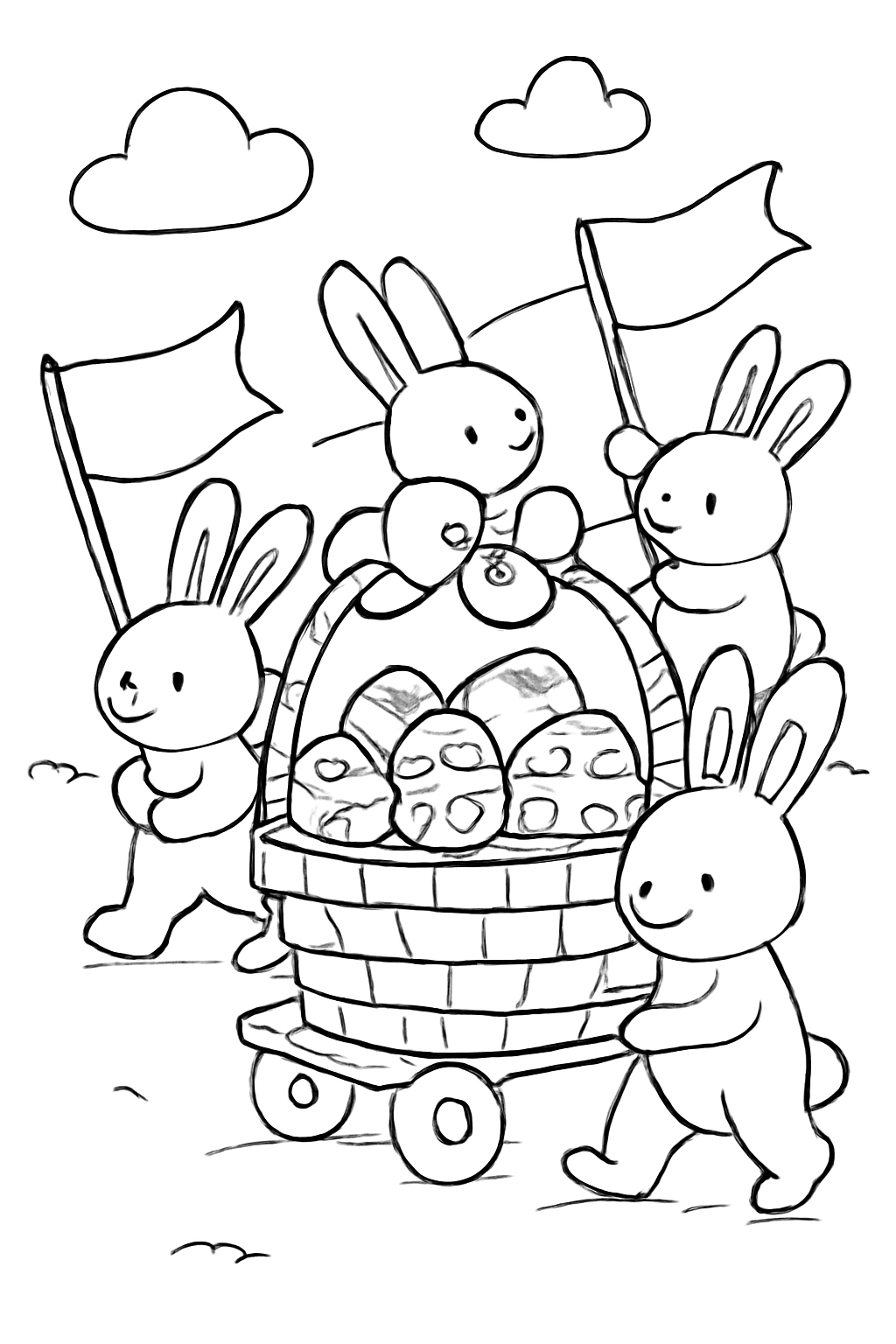Free printable Easter basket parade with bunnies carrying flags coloring page for kids