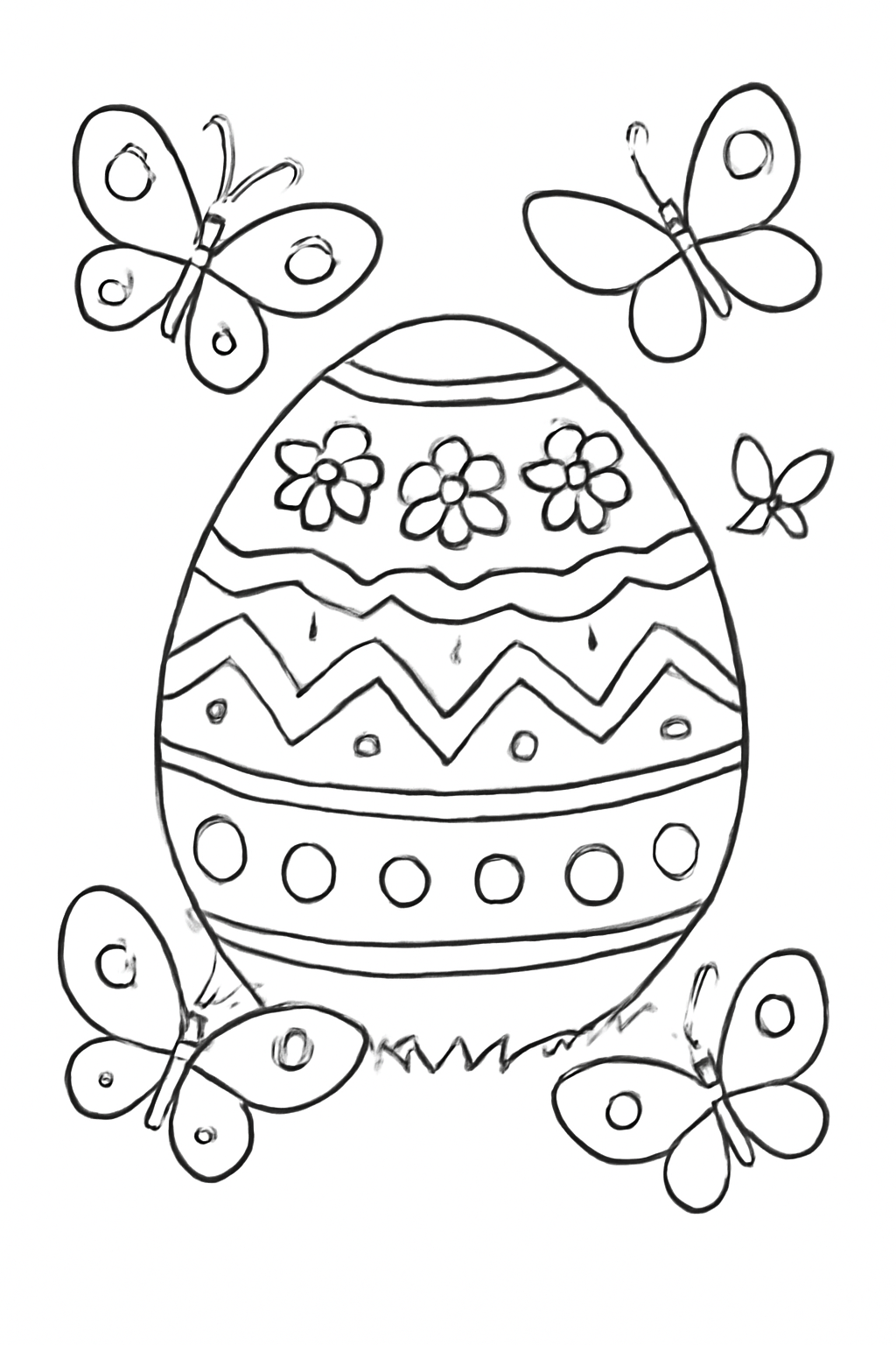 Free printable giant decorated Easter egg surrounded by butterflies coloring page for kids