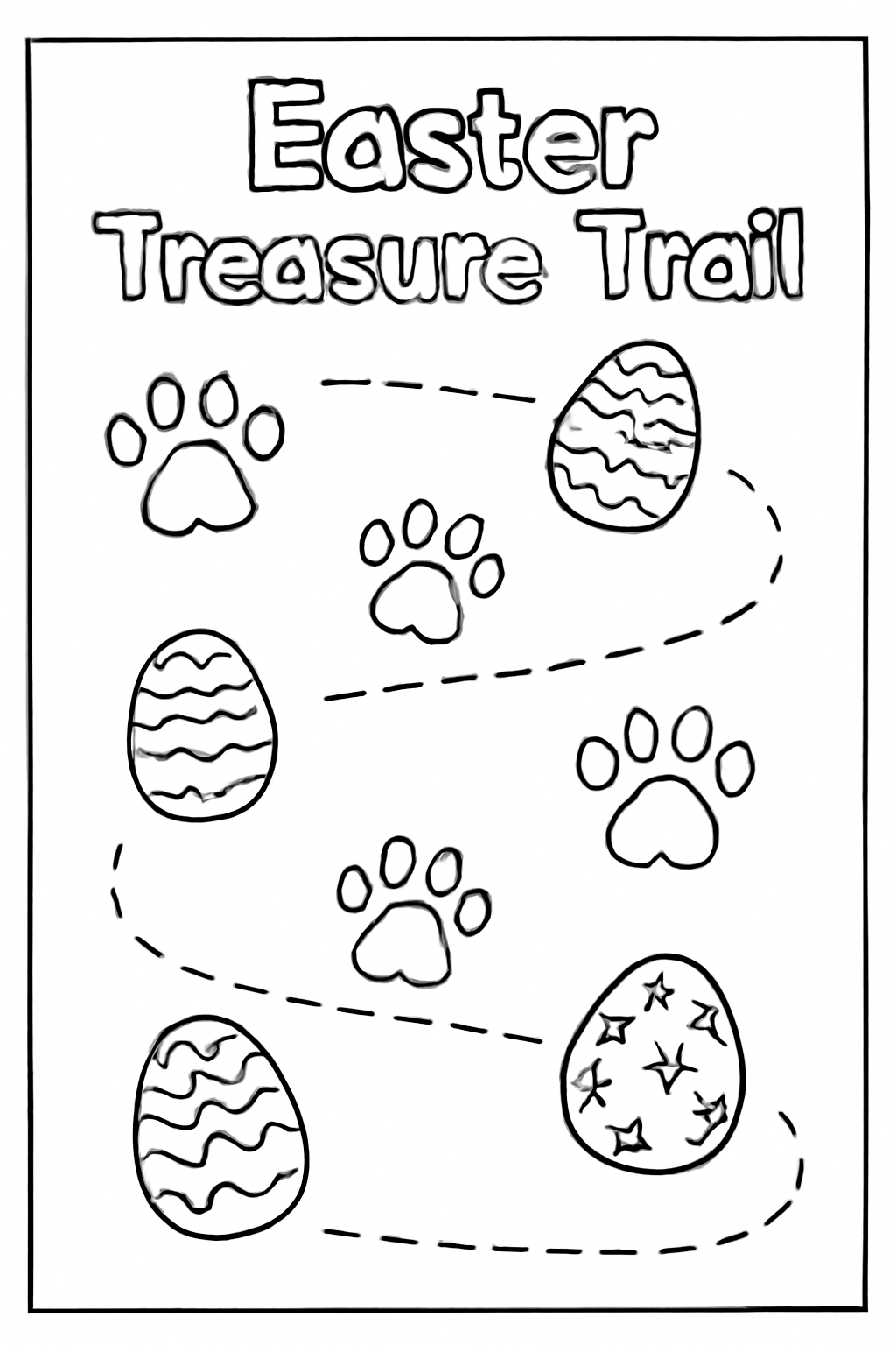 Free printable Easter treasure trail with pawprints and hidden eggs coloring page for kids