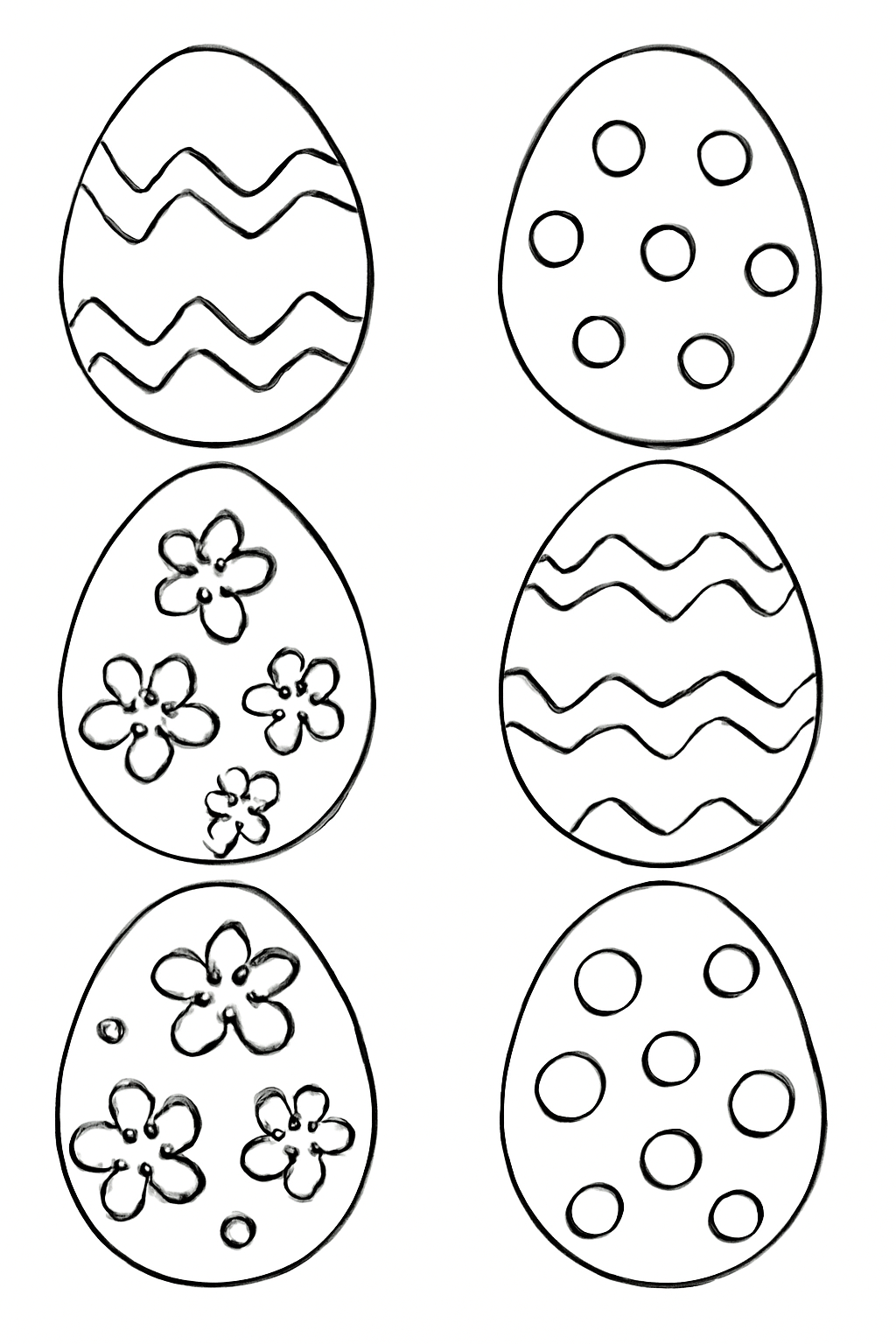 Free printable Easter egg patterns with zigzags dots and flowers coloring page for kids