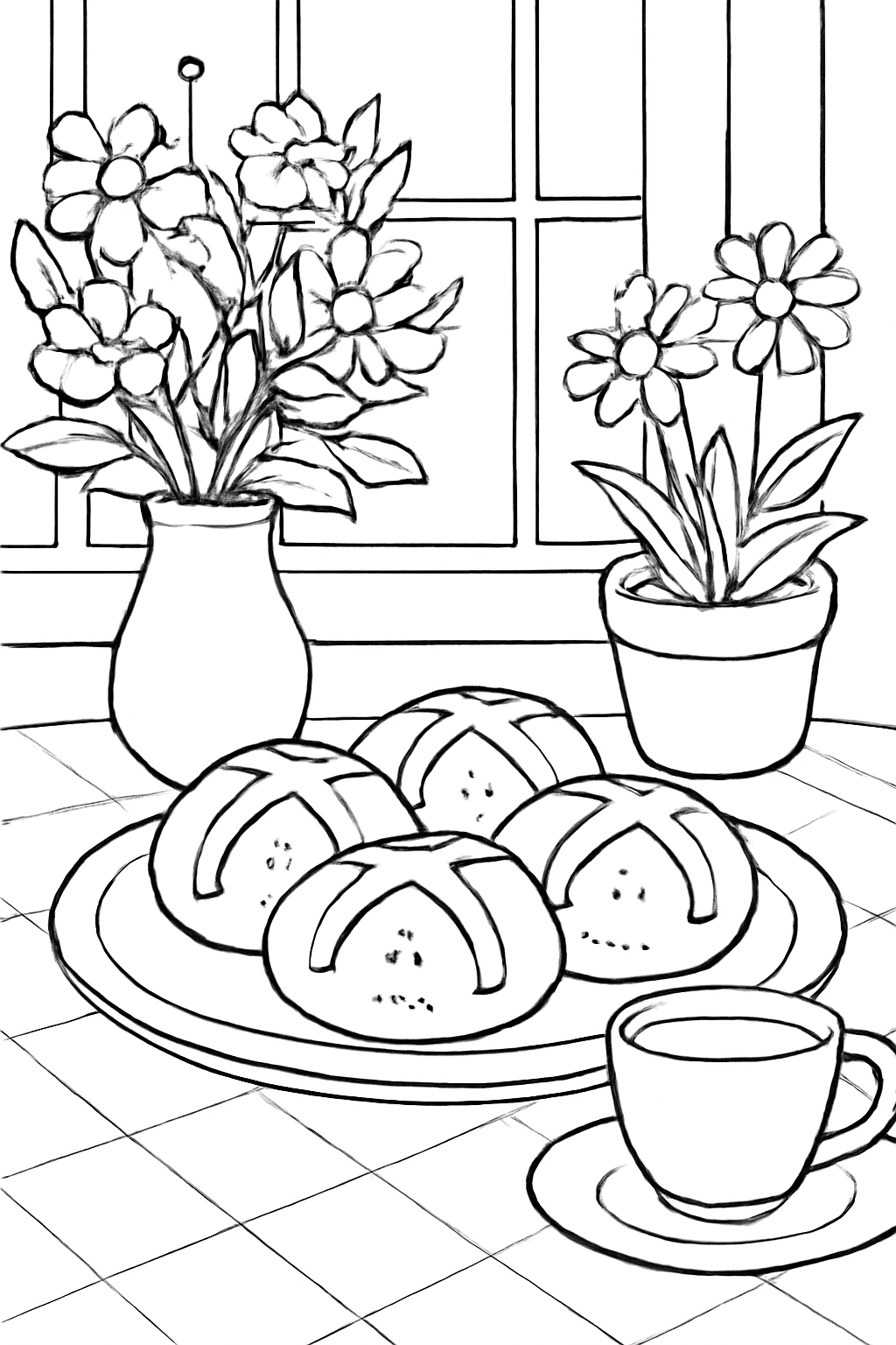 Free printable Easter morning table with hot cross buns and flowers coloring page for kids