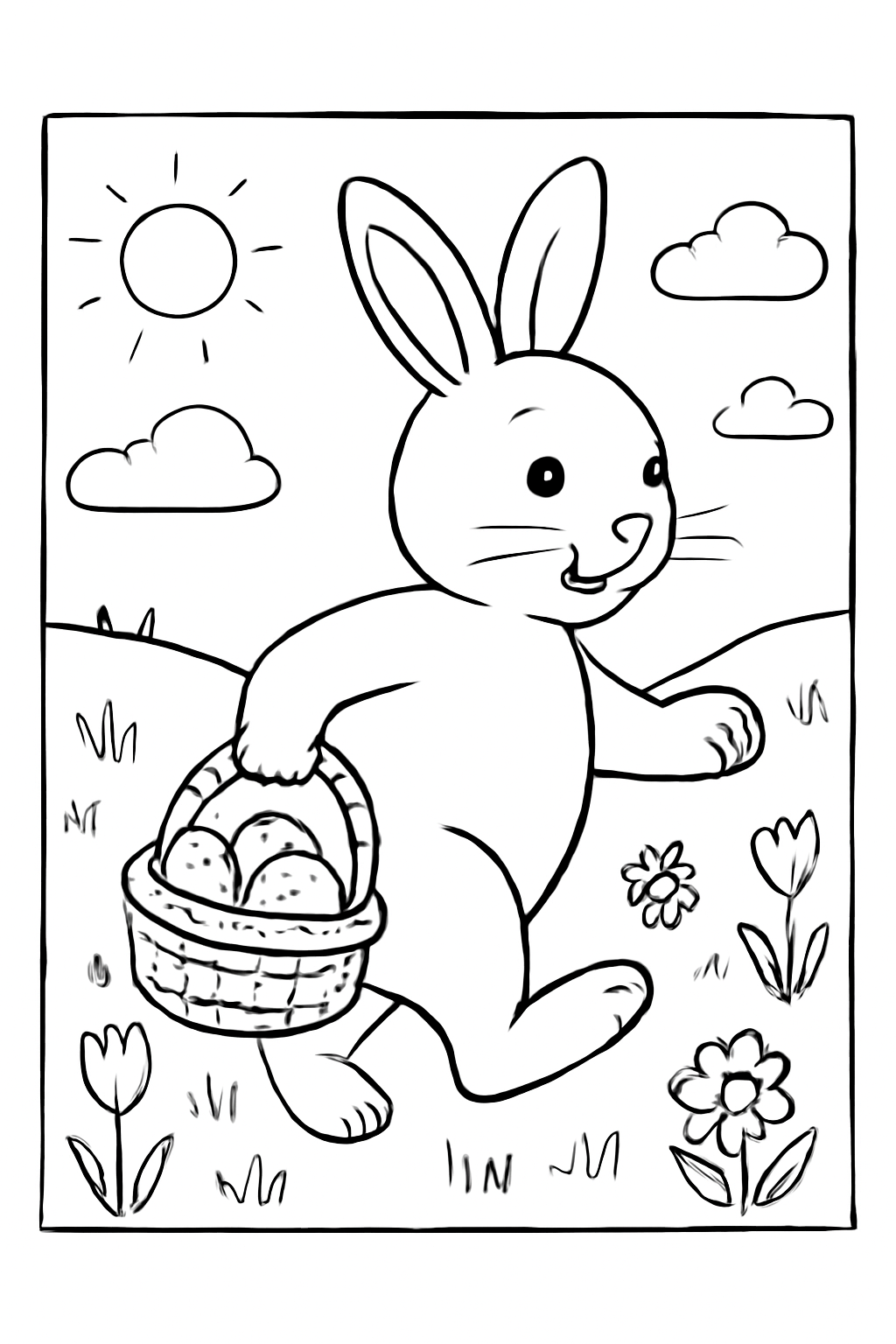 Free printable bunny delivering an Easter basket through a spring meadow coloring page