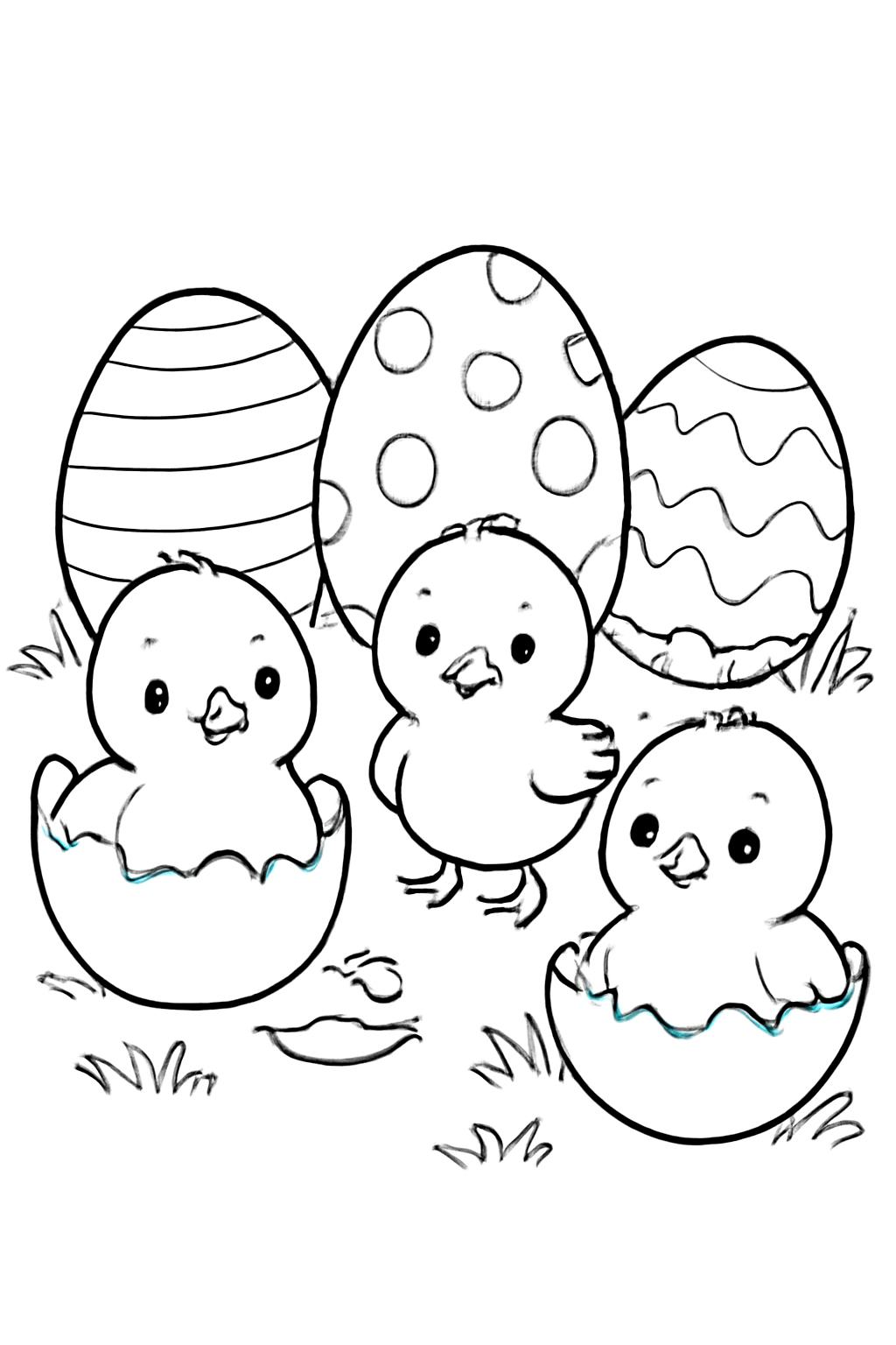 Free printable chicks hatching beside decorated Easter eggs coloring page for kids