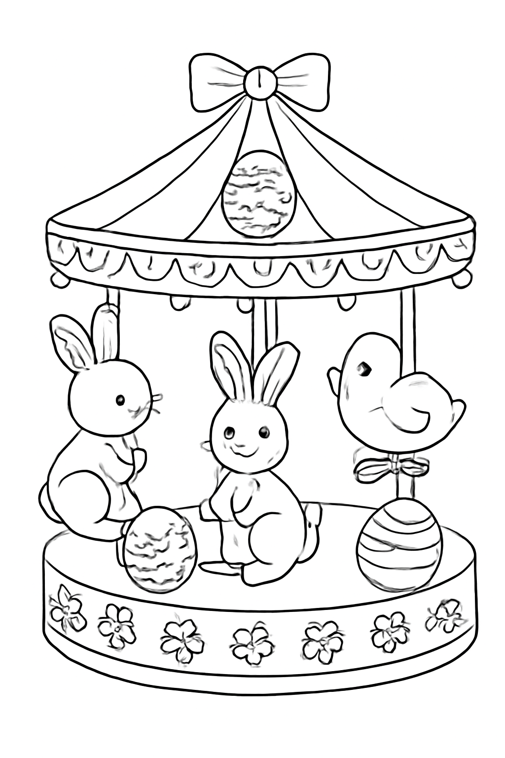 Free printable carousel of bunnies and chicks decorated for Easter coloring page for kids