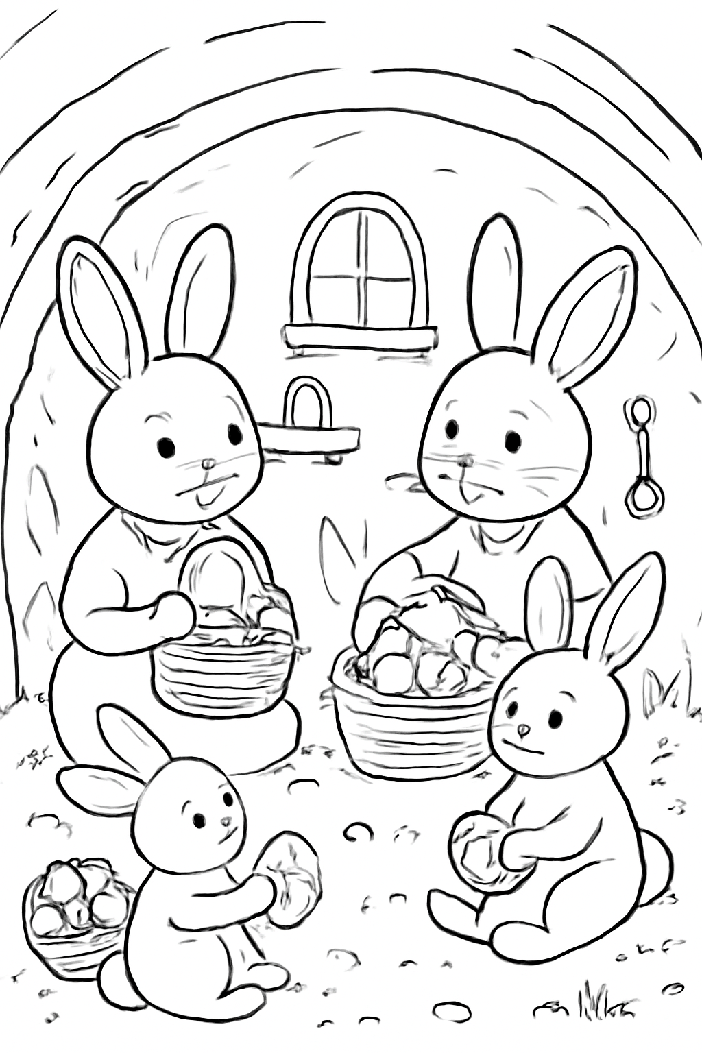 Free printable bunny family preparing Easter baskets in their burrow coloring page for kids