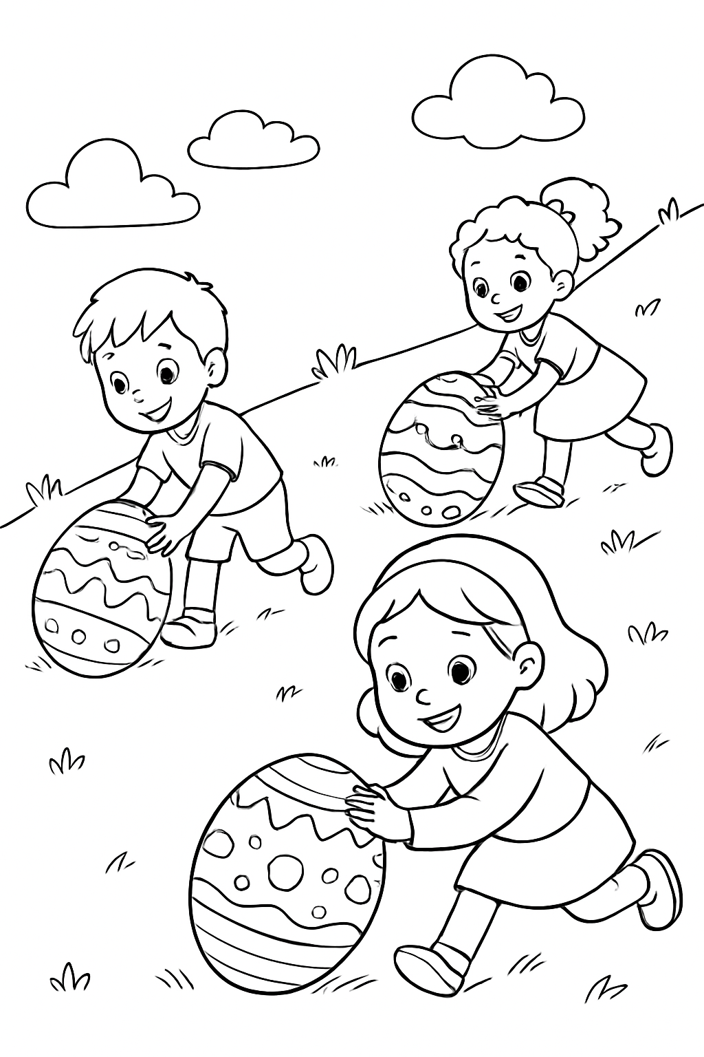 Free printable children rolling Easter eggs down a grassy hill coloring page for kids