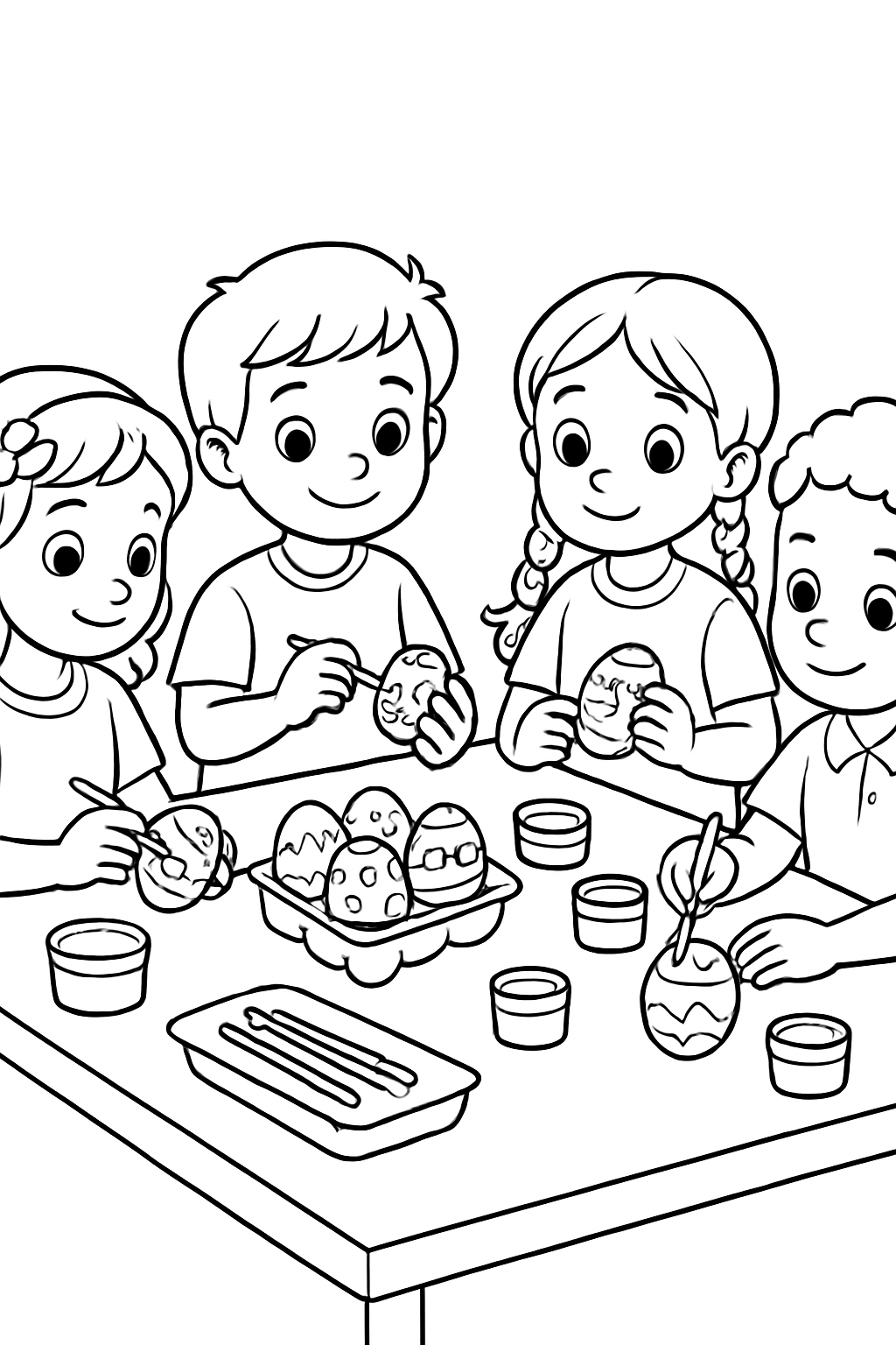 Free printable children decorating Easter eggs at a craft table coloring page for kids