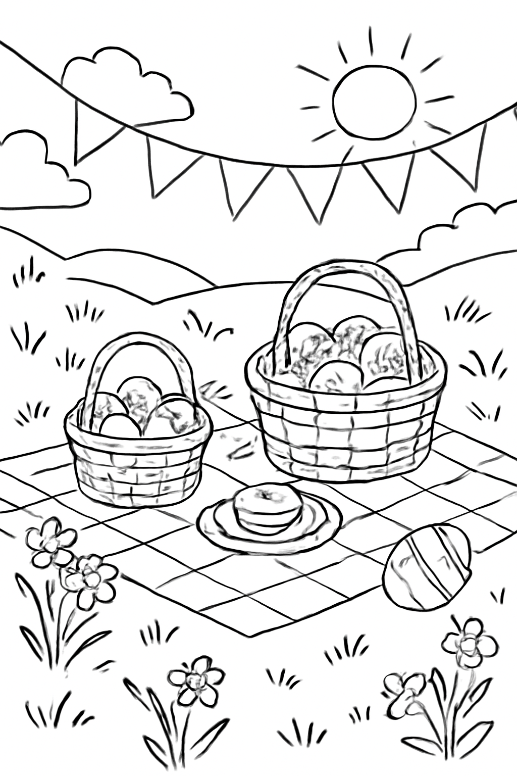 Free printable Easter picnic on a meadow with baskets and bunting coloring page for kids