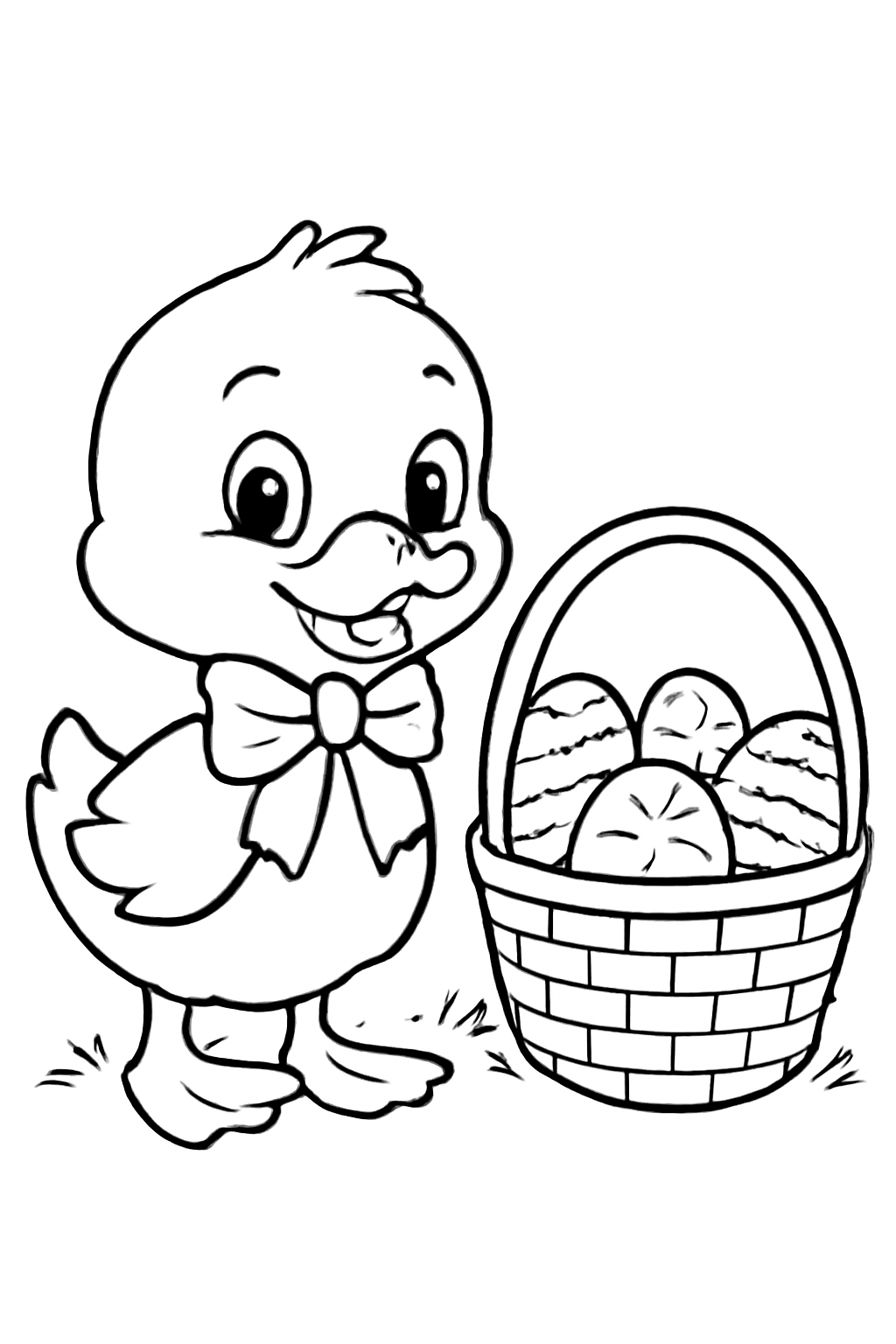 Free printable duckling wearing a bow beside an Easter basket coloring page for kids