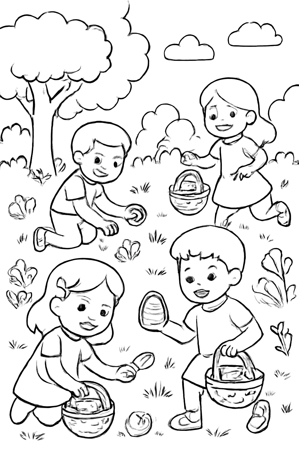 Free printable children enjoying a friendly Easter egg hunt in a garden coloring page