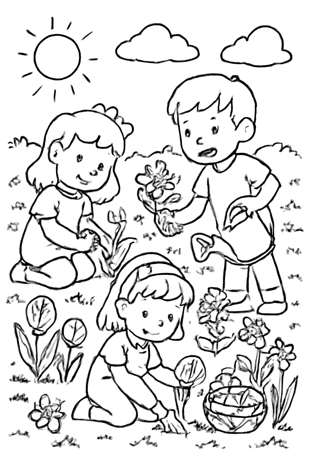 Free printable children planting a spring flower garden for Easter coloring page for kids