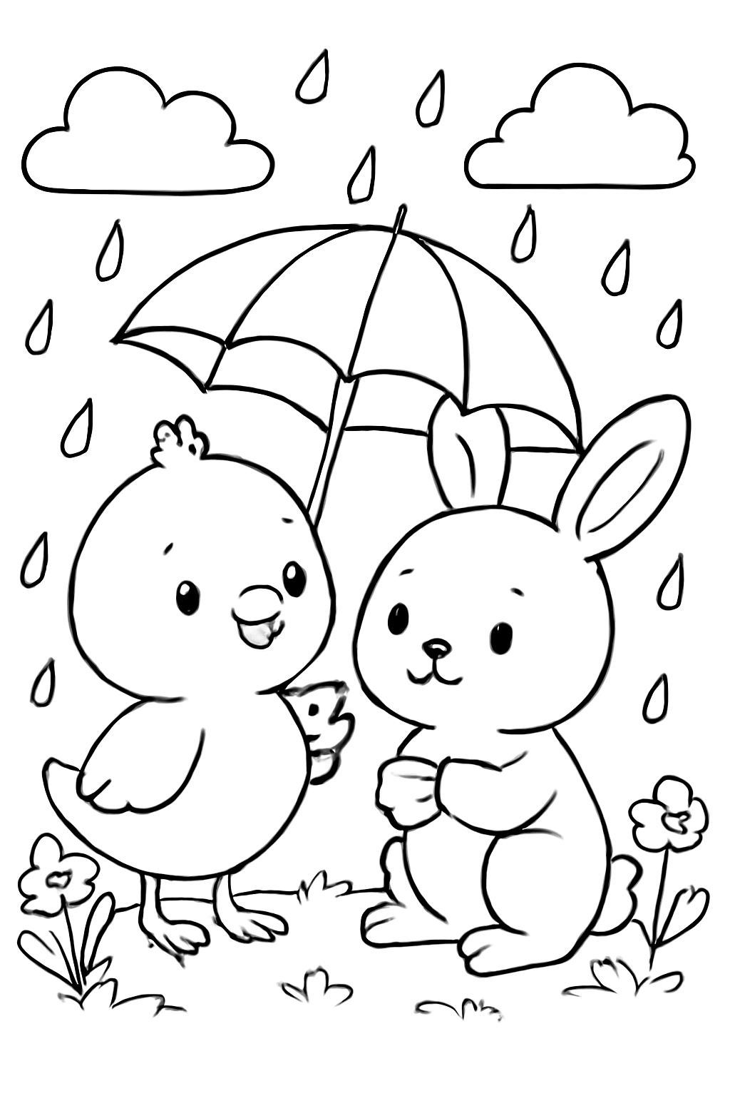 Free printable Easter chick and bunny sharing a tiny umbrella in spring rain coloring page for kids