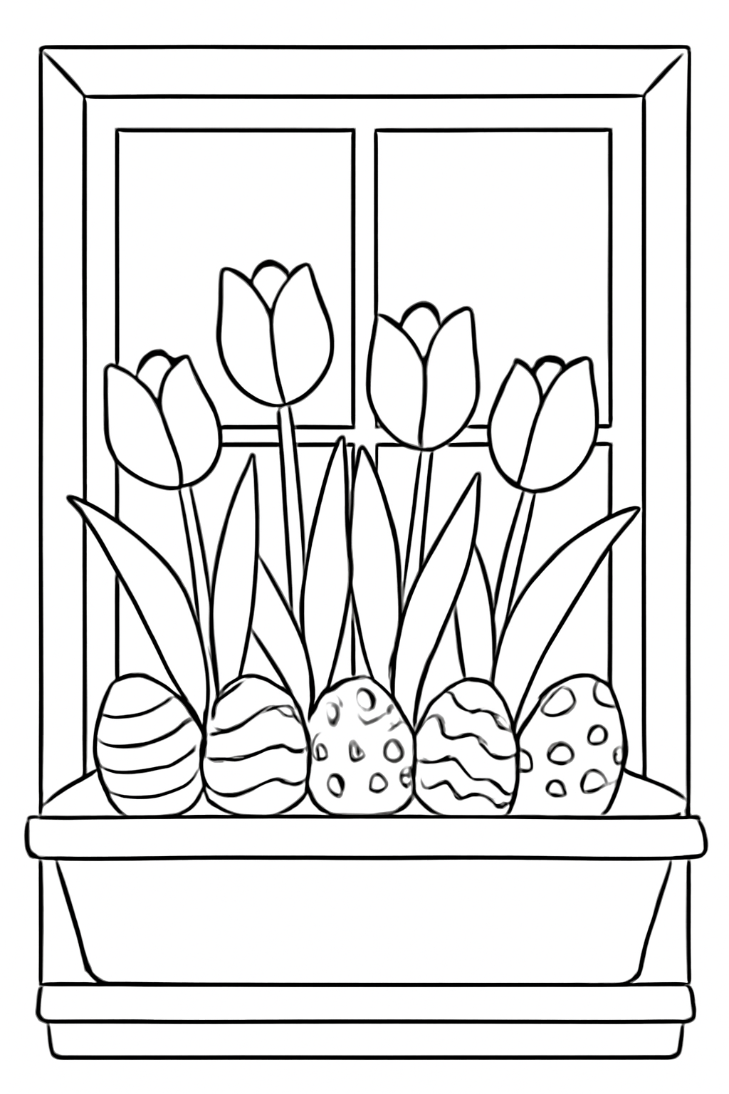 Free printable window box of tulips and painted Easter eggs coloring page for kids