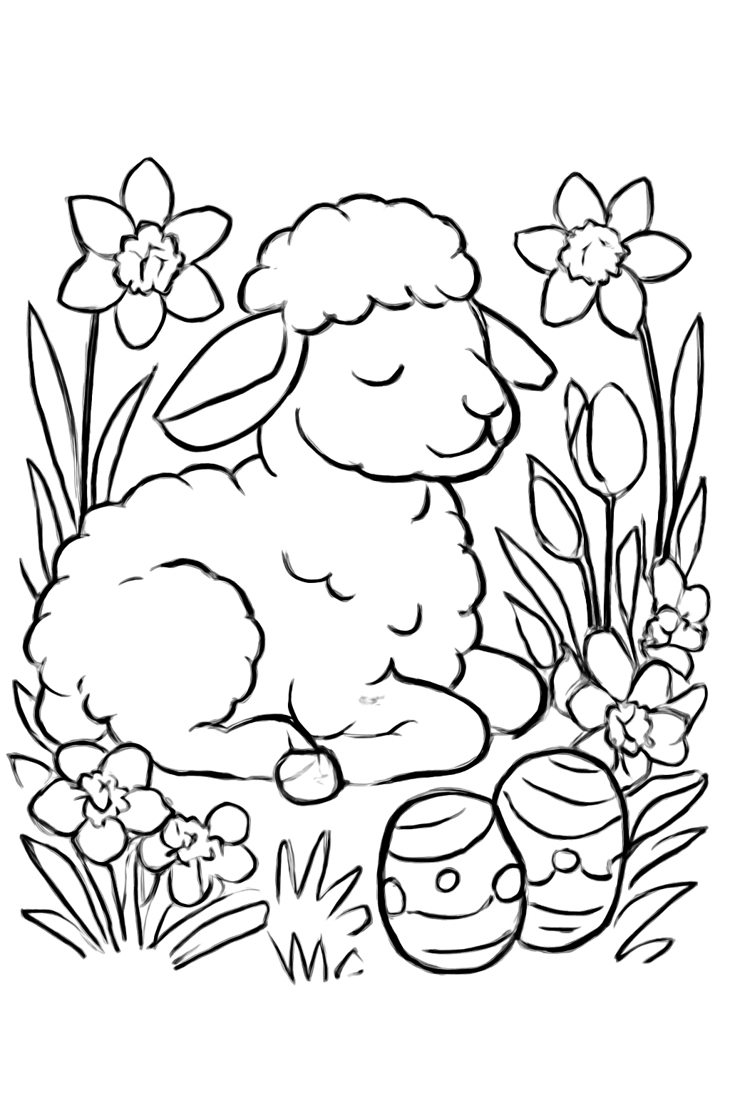 Free printable lamb resting in spring flowers beside Easter eggs coloring page for kids