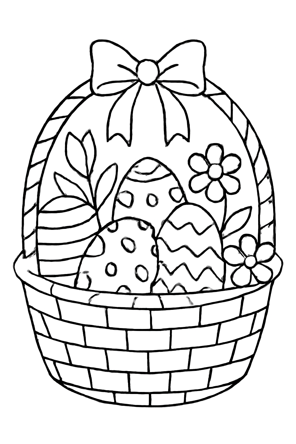 Free printable Easter basket filled with patterned eggs and spring flowers coloring page