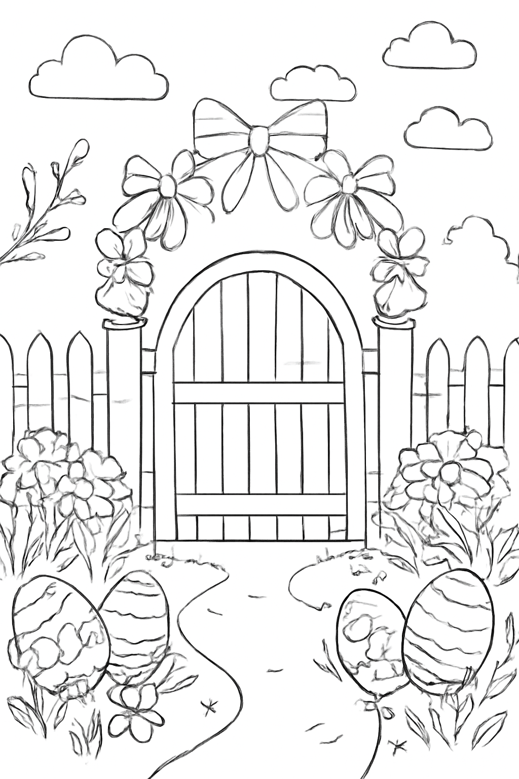 Free printable spring garden gate decorated for Easter with eggs and ribbons coloring page for kids