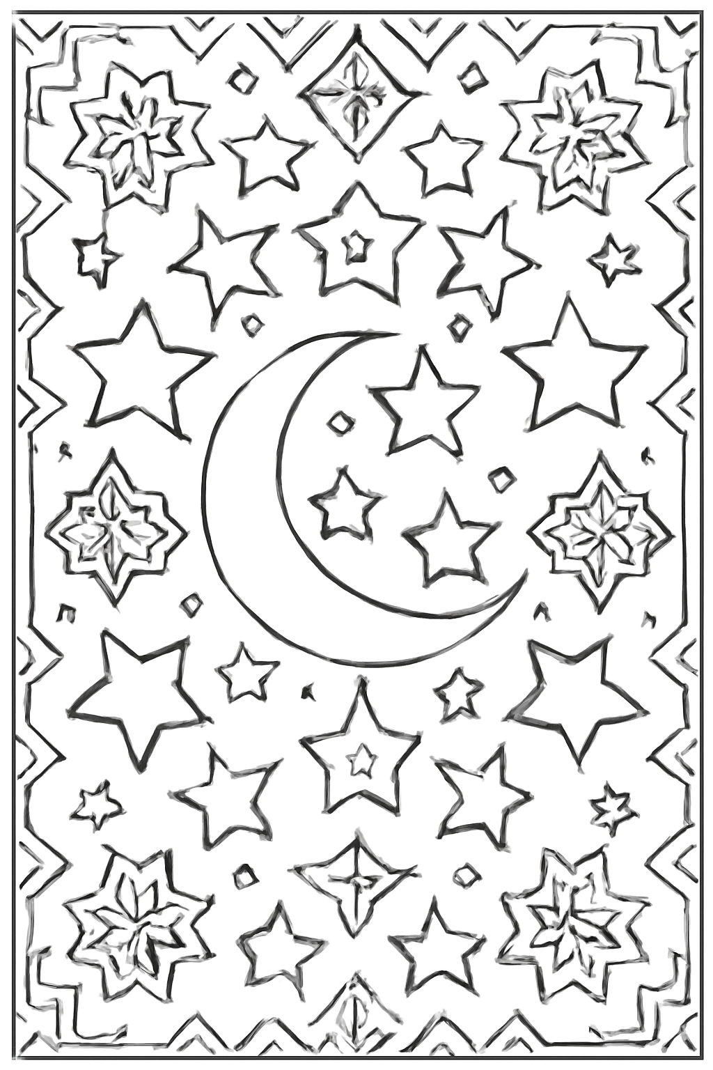 Free printable Eid al-Adha pattern of stars crescents and geometric tiles coloring page for kids
