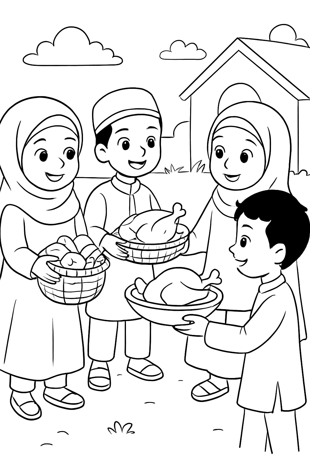 Free printable children carrying food baskets to friends for Eid al-Adha coloring page for kids
