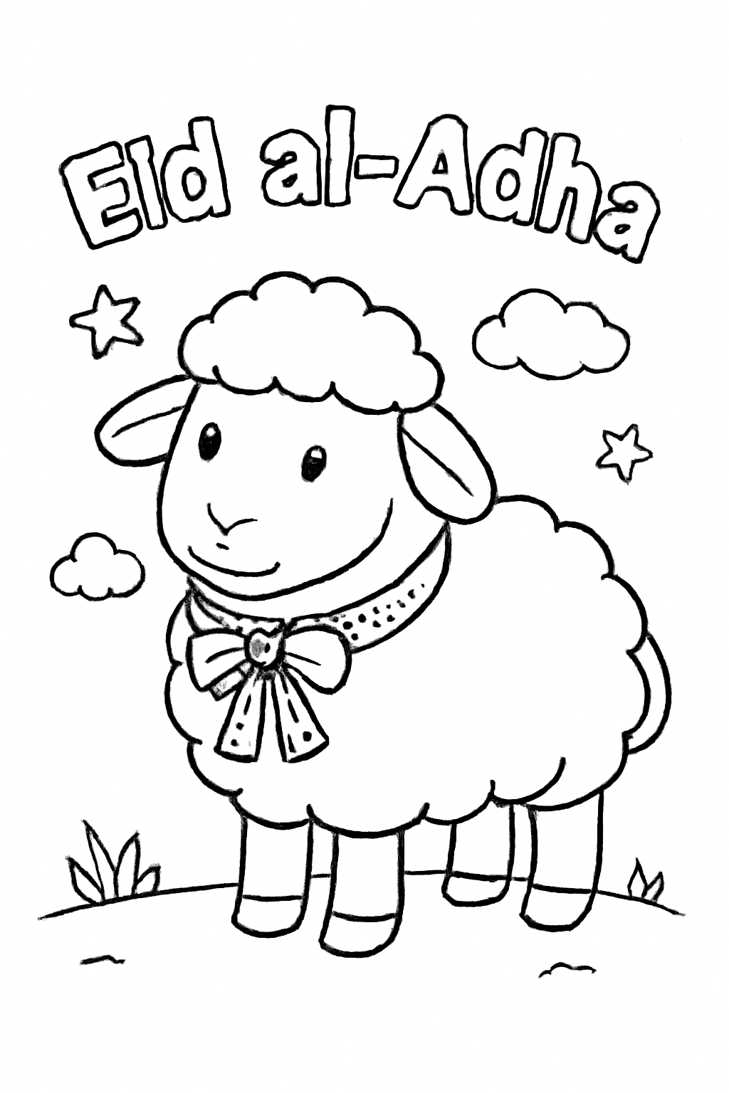 Free printable sheep with a decorated ribbon collar for Eid al-Adha coloring page for kids