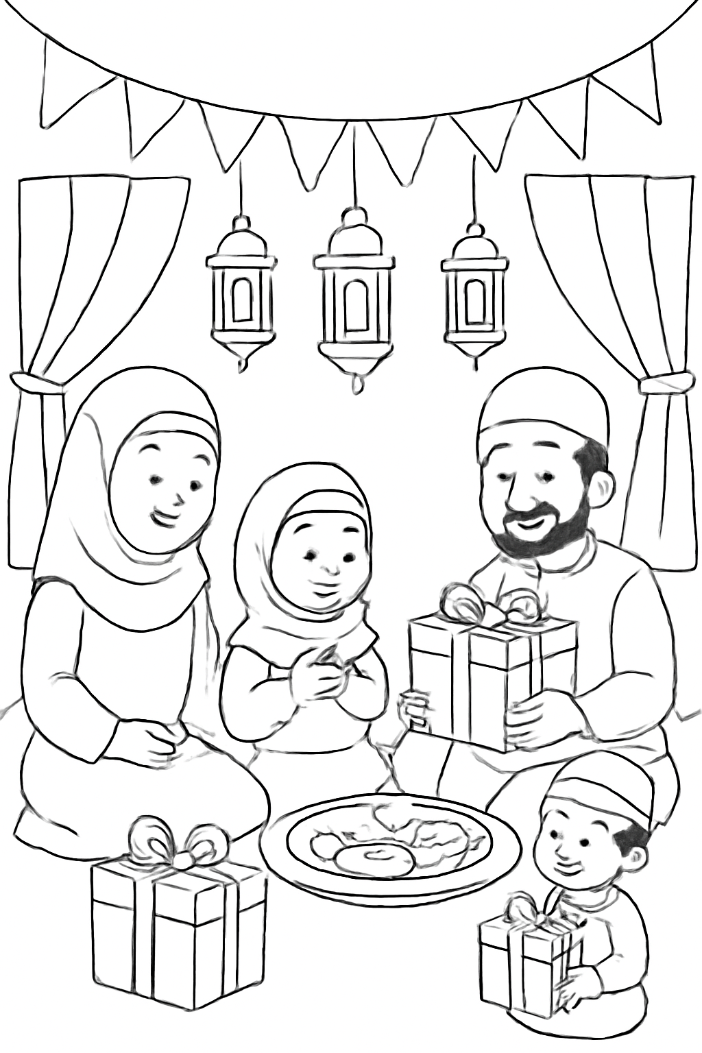 Free printable Eid al-Adha family celebration with gifts lanterns and shared meal coloring page
