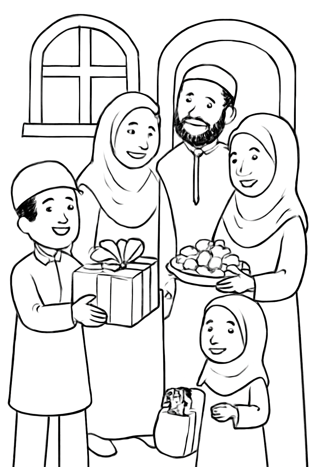 Free printable family visiting relatives with sweets and gifts for Eid al-Adha coloring page