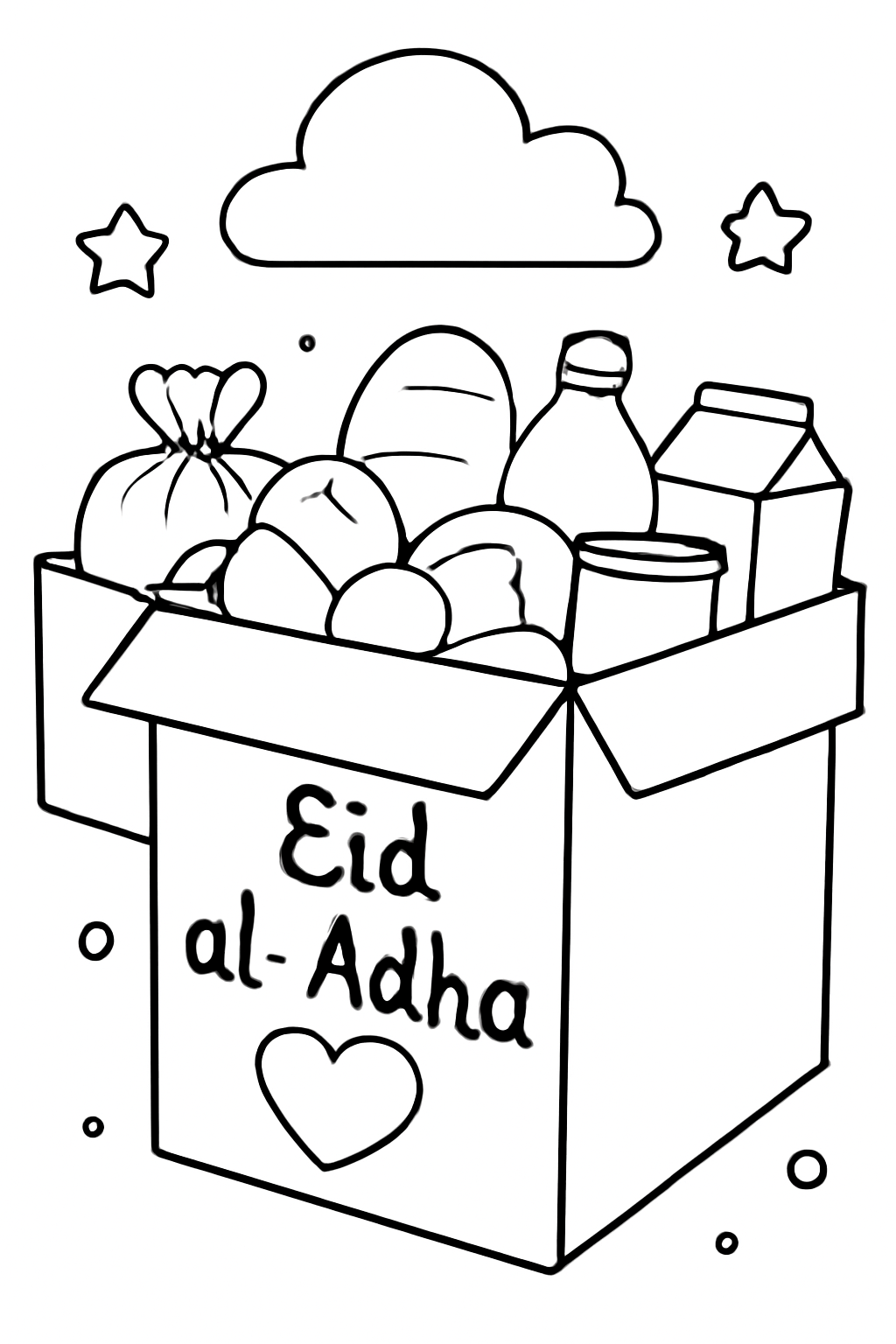 Free printable Eid al-Adha charity boxes packed with care coloring page for kids