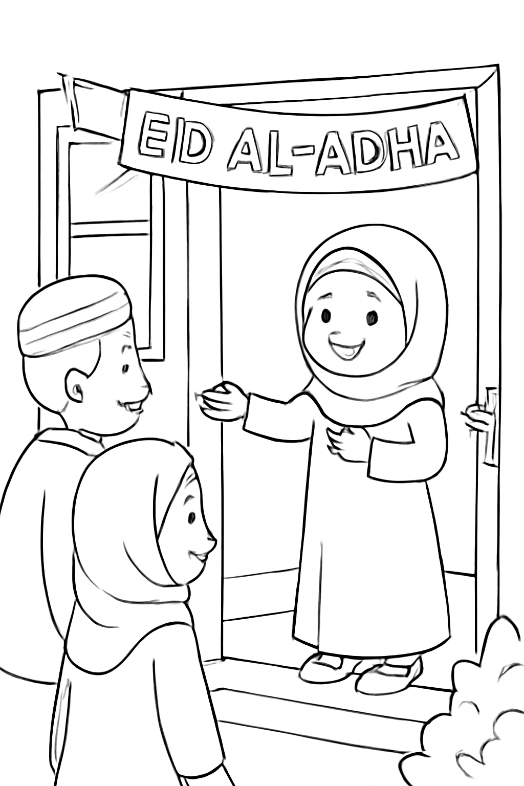 Free printable welcoming guests at the front door on Eid al-Adha coloring page for kids