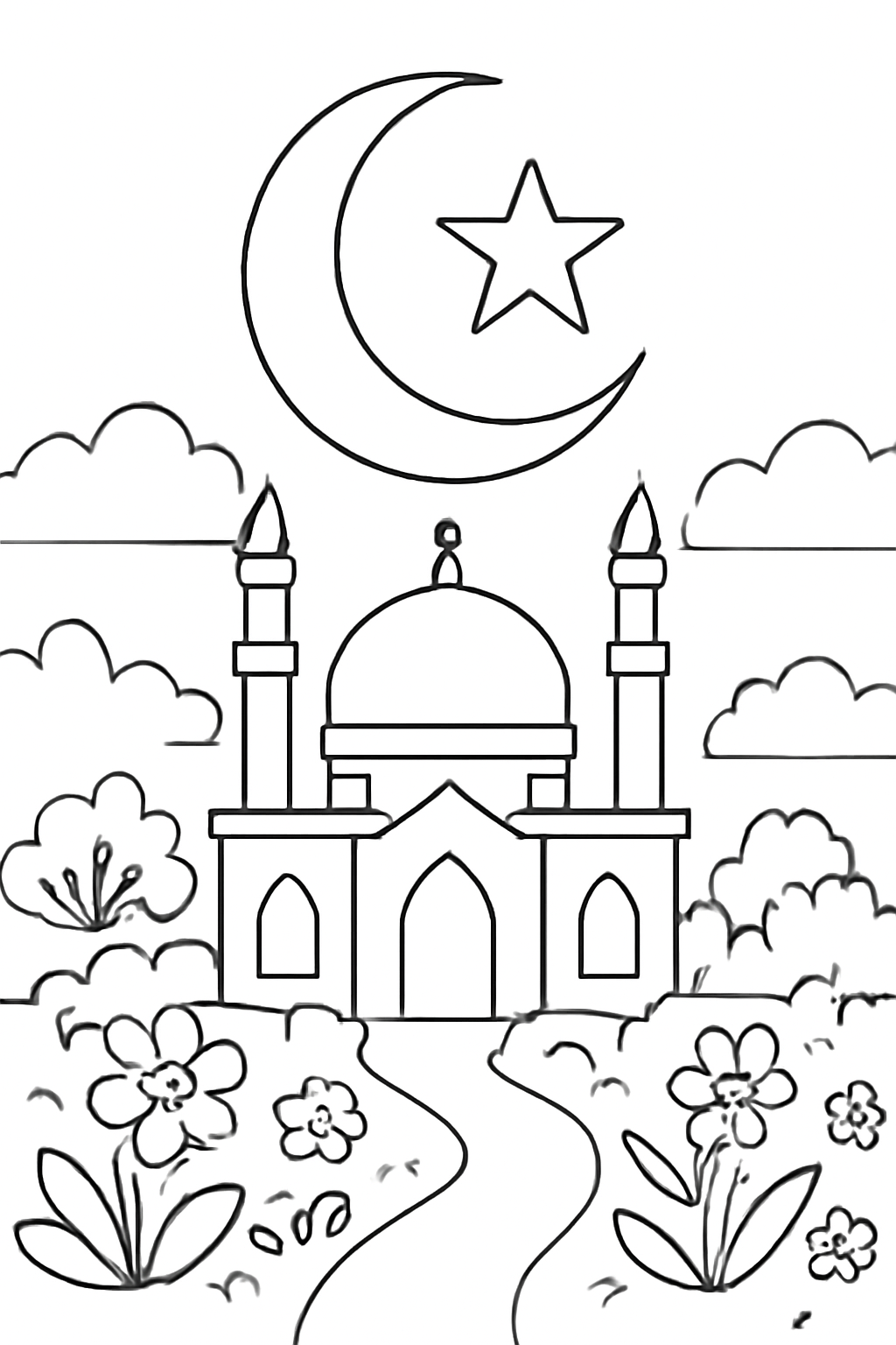 Free printable Eid al-Adha crescent and star over a mosque garden coloring page for kids