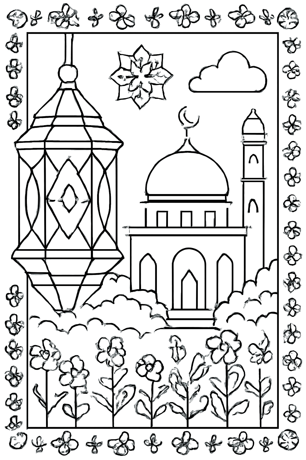 Free printable Eid al-Adha geometric lantern and mosque garden design coloring page