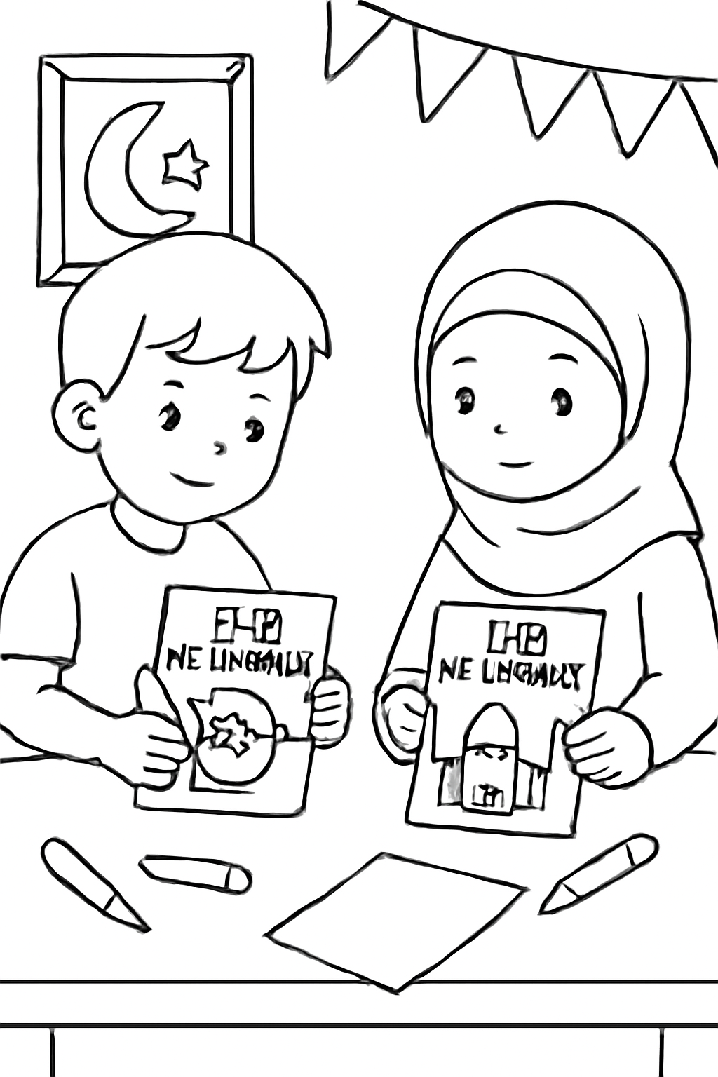 Free printable children drawing Eid al-Adha greeting cards coloring page for kids