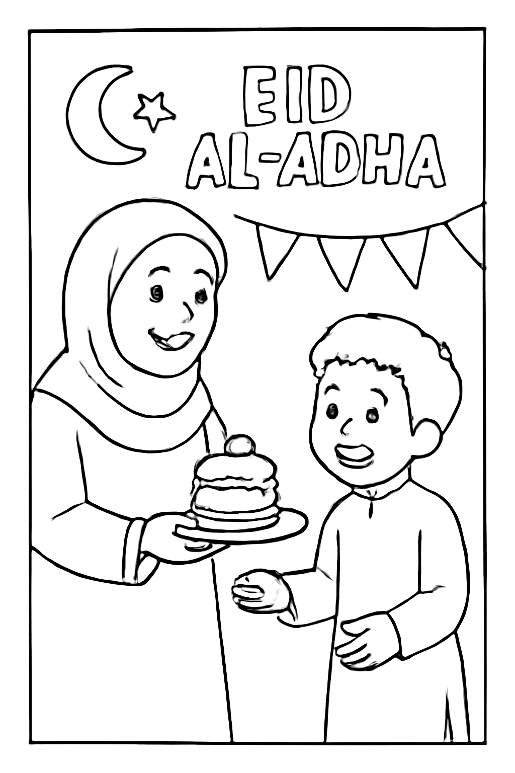 Free printable grandmother serving dessert on Eid al-Adha coloring page for kids