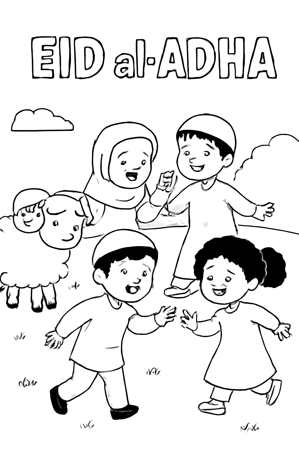 Free printable cousins playing together during Eid al-Adha coloring page for kids