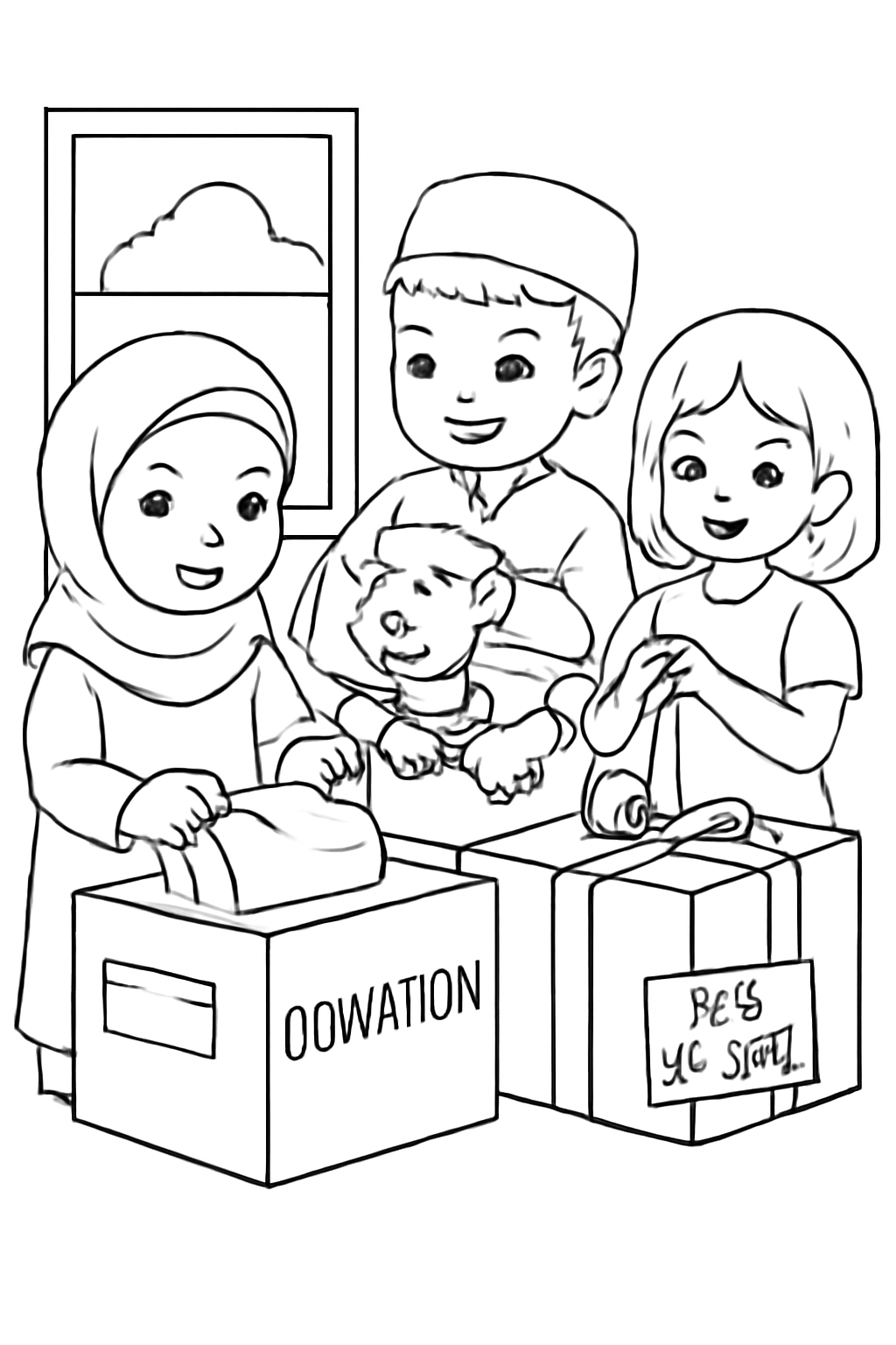 Free printable children preparing donation boxes for Eid al-Adha coloring page