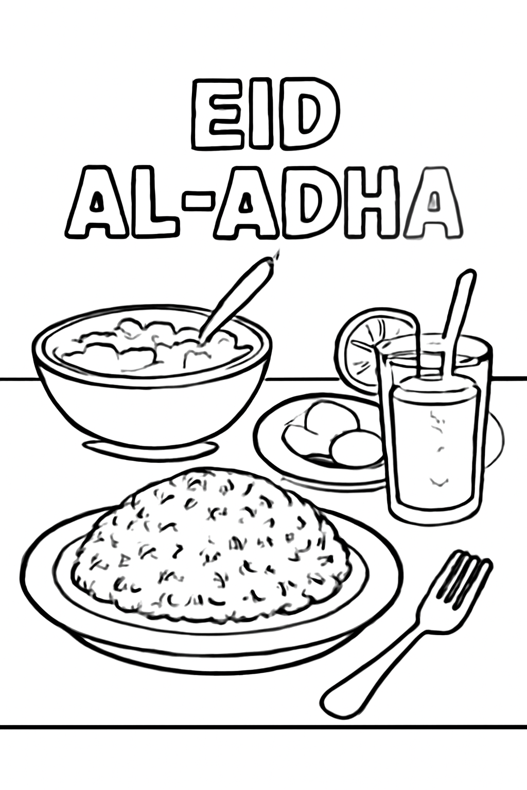 Free printable Eid al-Adha table with rice dishes and lemonade coloring page for kids
