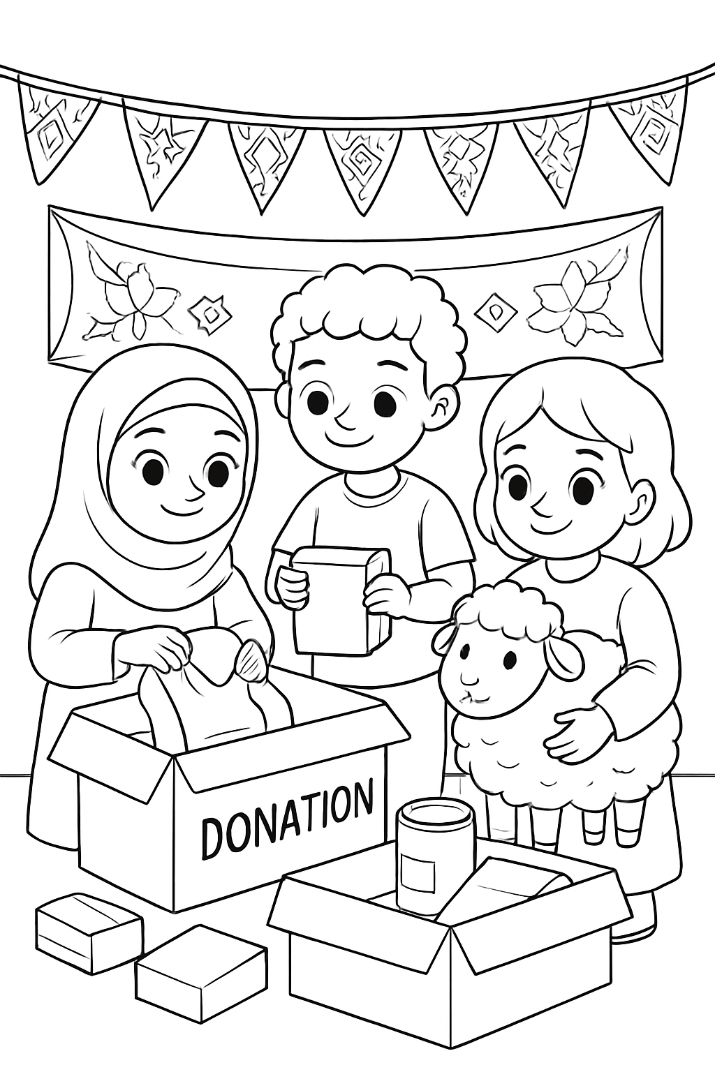 Free printable children preparing donation boxes for Eid al-Adha coloring page for kids