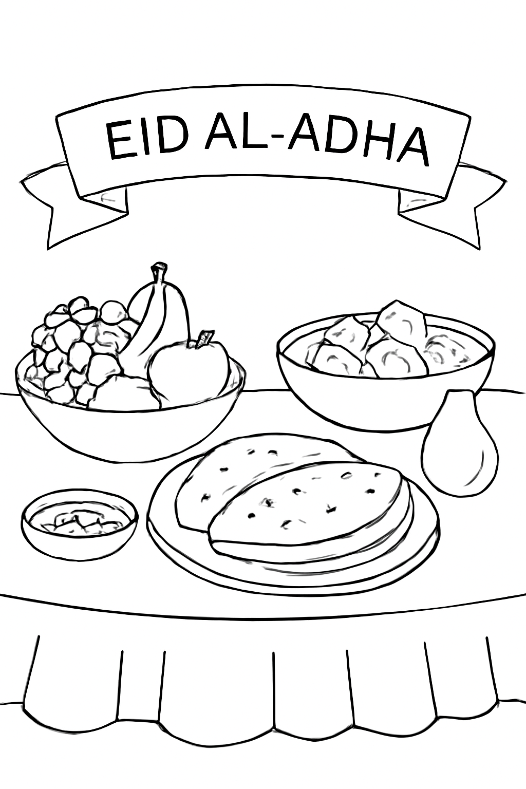 Free printable Eid al-Adha feast table with fruit and flatbread coloring page for kids