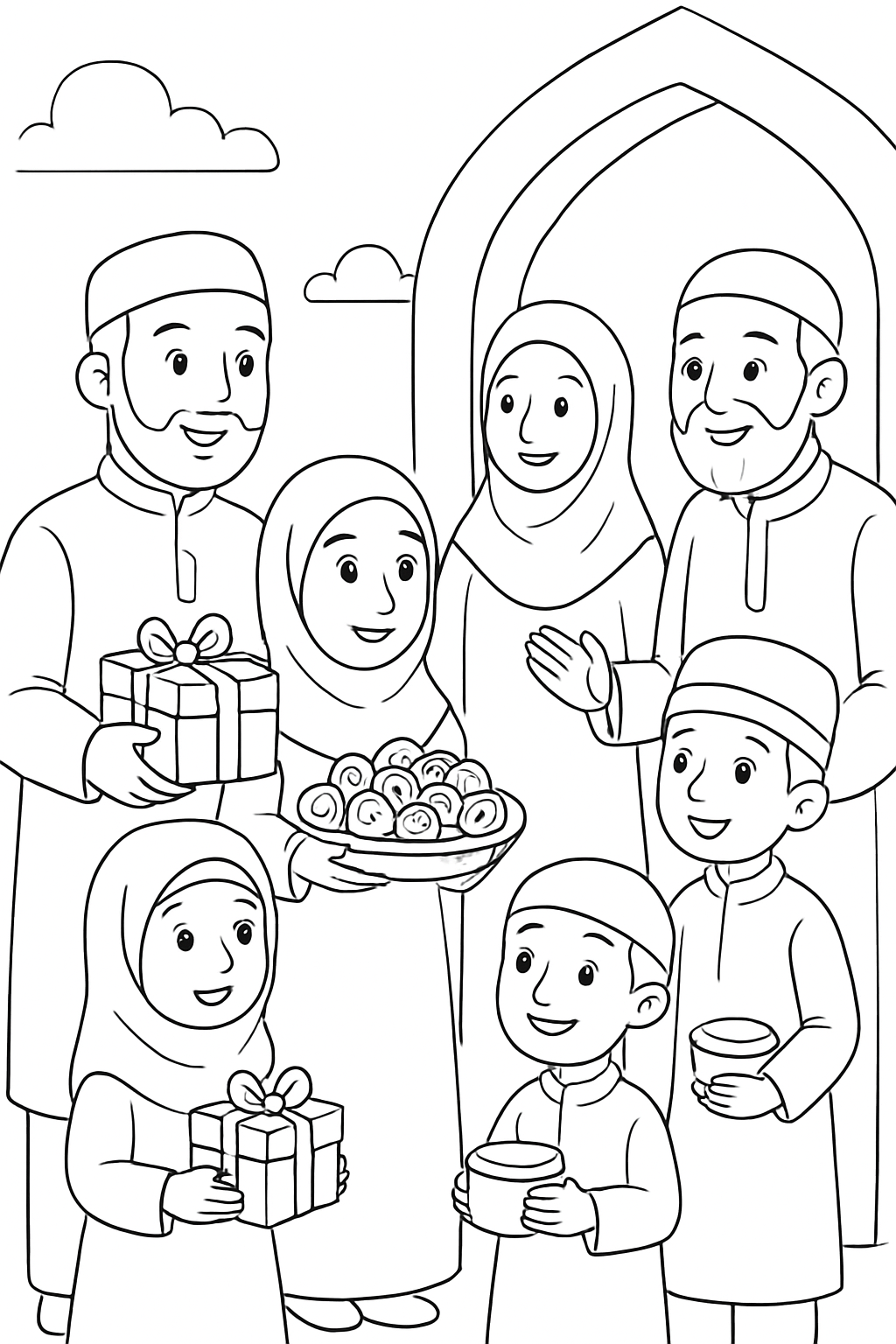 Free printable family visiting relatives with sweets and gifts for Eid al-Adha coloring page for kids