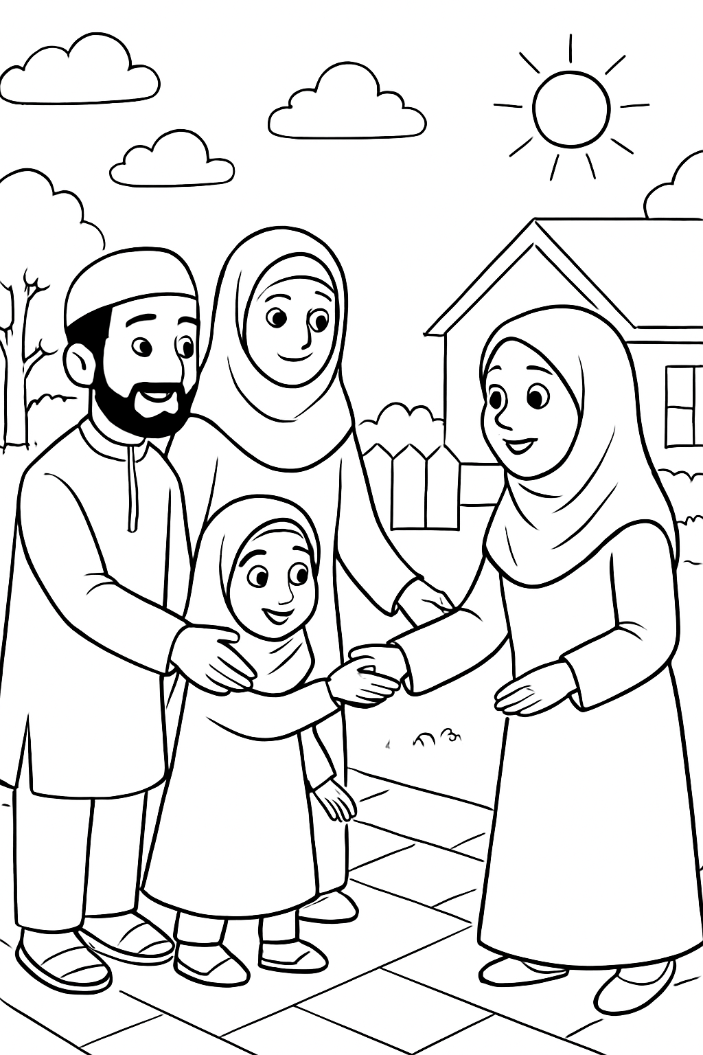 Free printable Eid al-Adha morning with families greeting each other coloring page for kids