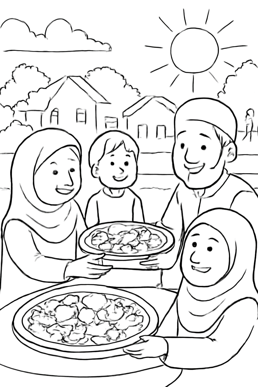 Free printable sharing meal platters with neighbors on Eid al-Adha coloring page for kids