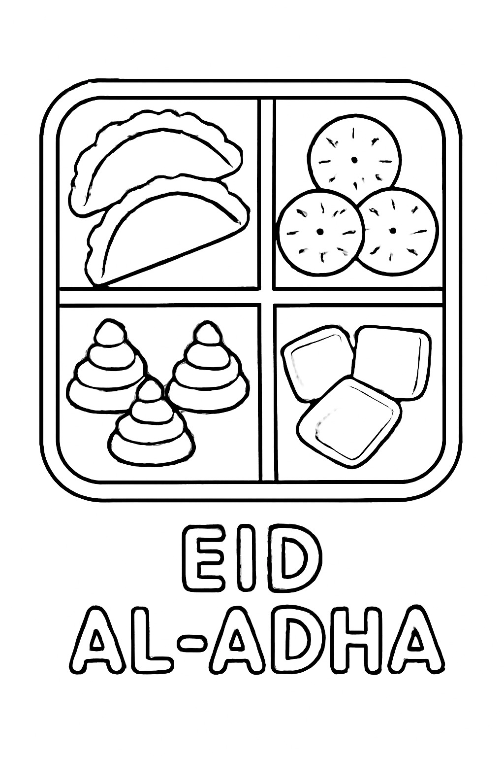 Free printable Eid al-Adha sweets arranged in a partitioned tray coloring page for kids