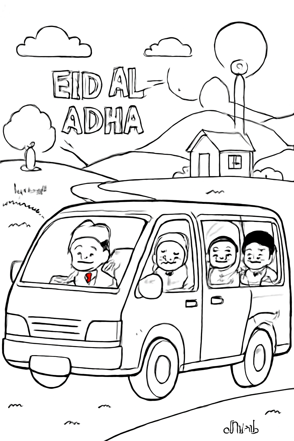 Free printable family van trip to visit relatives on Eid al-Adha coloring page for kids