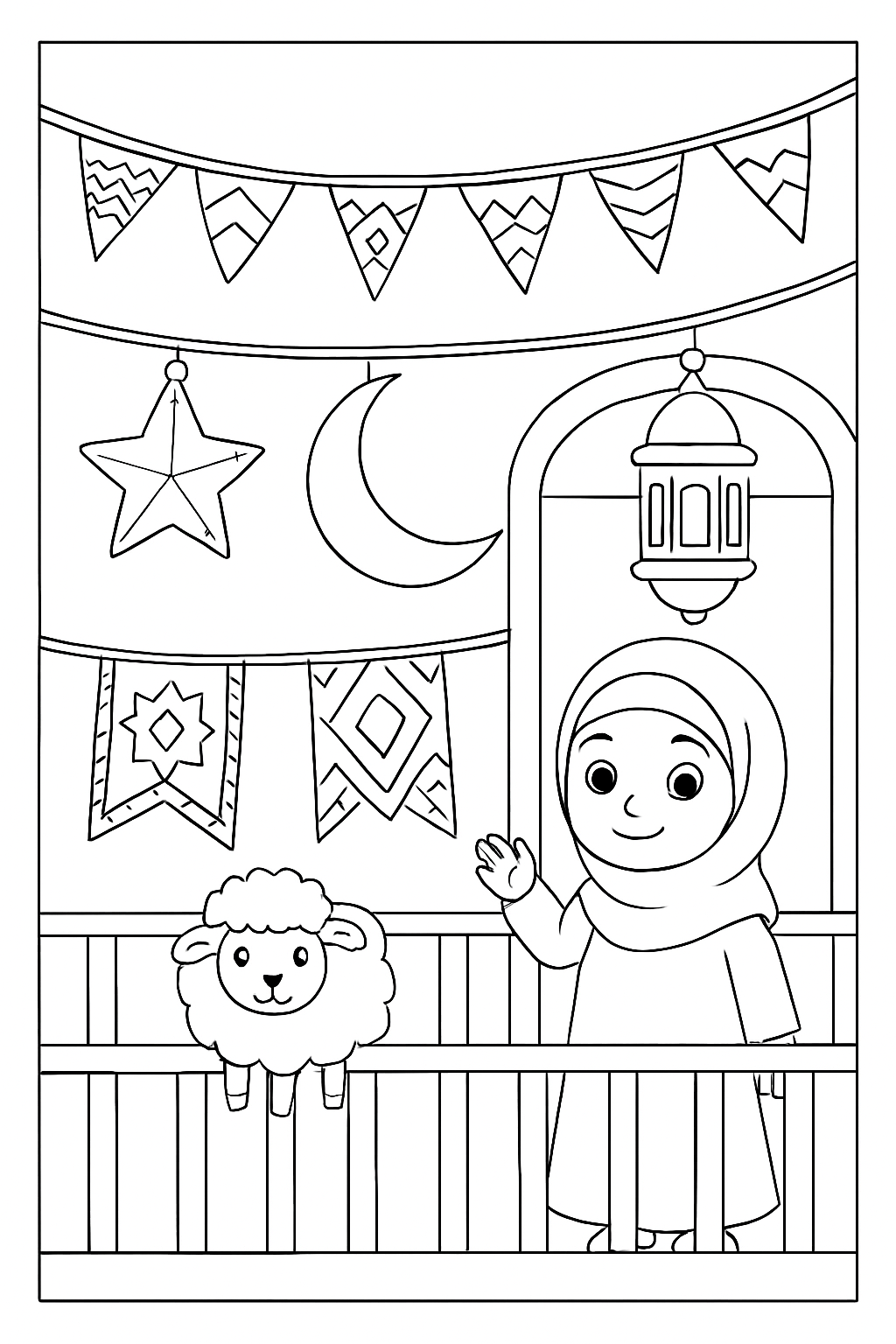 Free printable Eid al-Adha decorations hung on a balcony coloring page for kids
