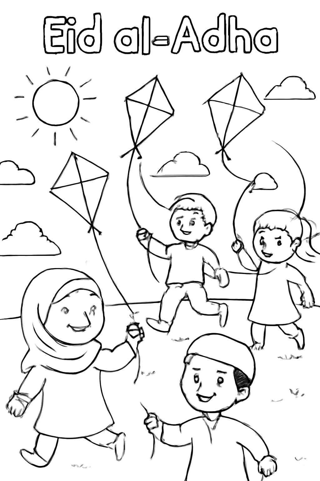 Free printable kids flying kites on an Eid al-Adha afternoon coloring page for kids