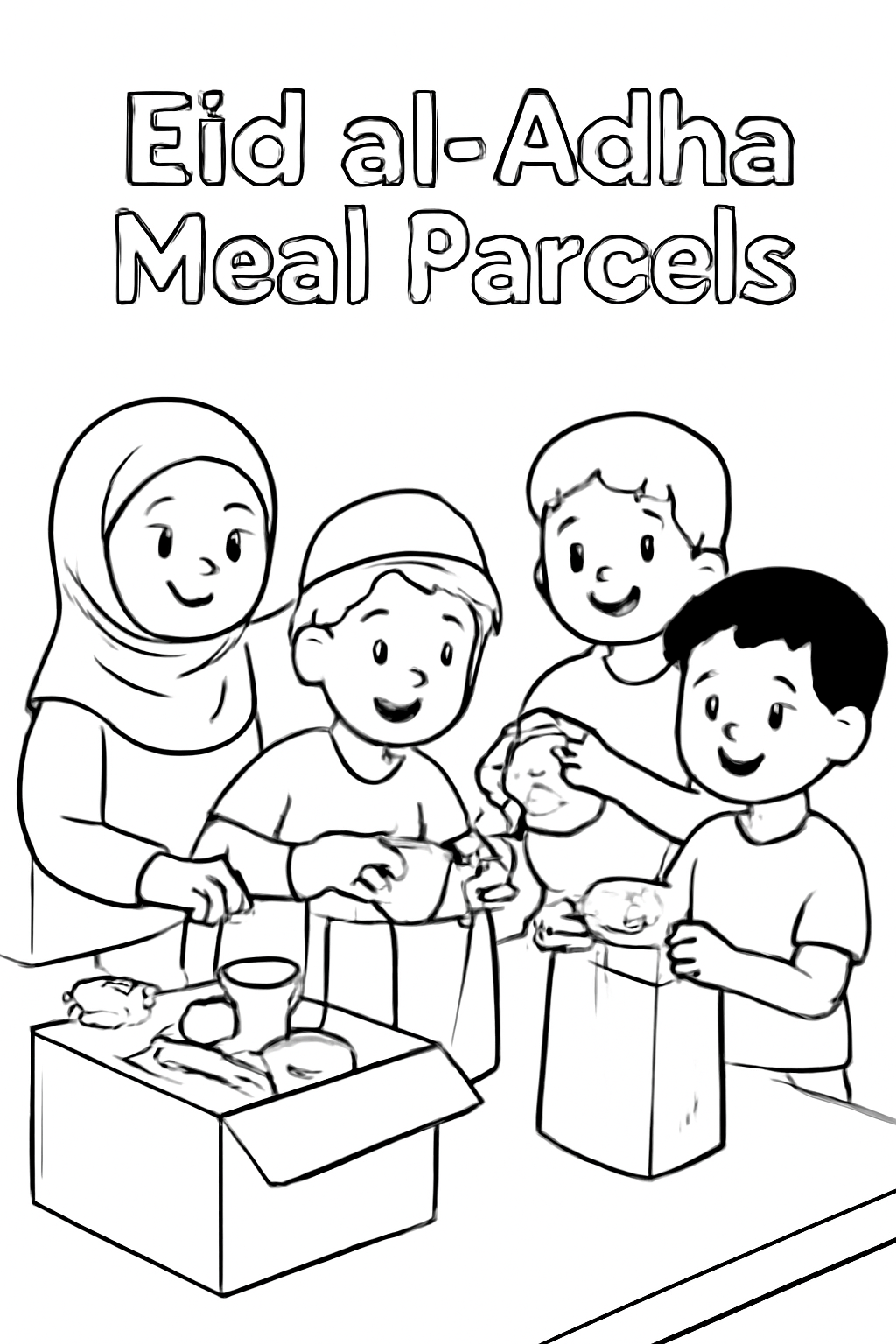 Free printable children helping pack Eid al-Adha meal parcels coloring page for kids