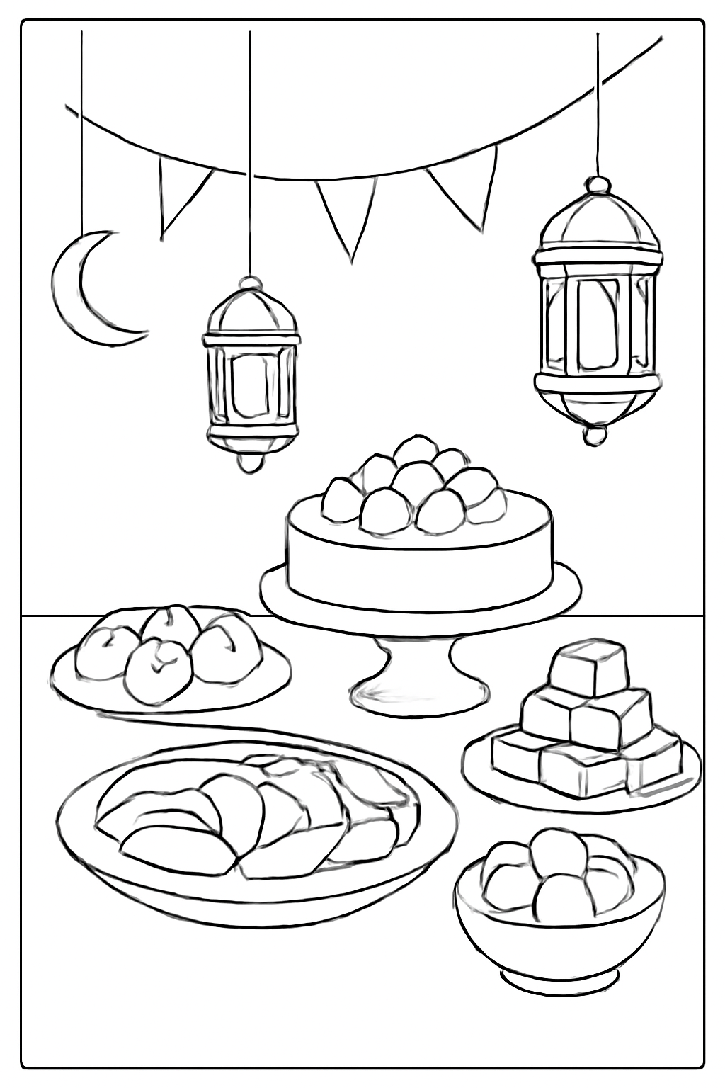 Free printable Eid al-Fitr celebration table with sweets lanterns and crescent decorations coloring page
