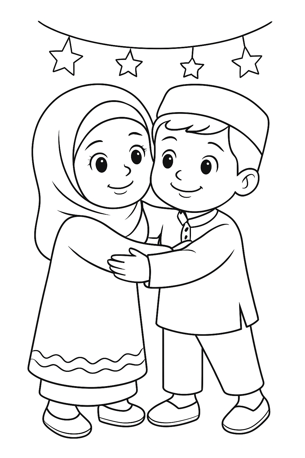 Free printable children in new clothes hugging on Eid al-Fitr coloring page for kids